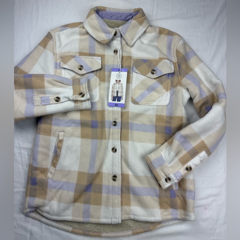 SAGE Collective Cream light purple and Tan Plaid fleece Shirt jacket